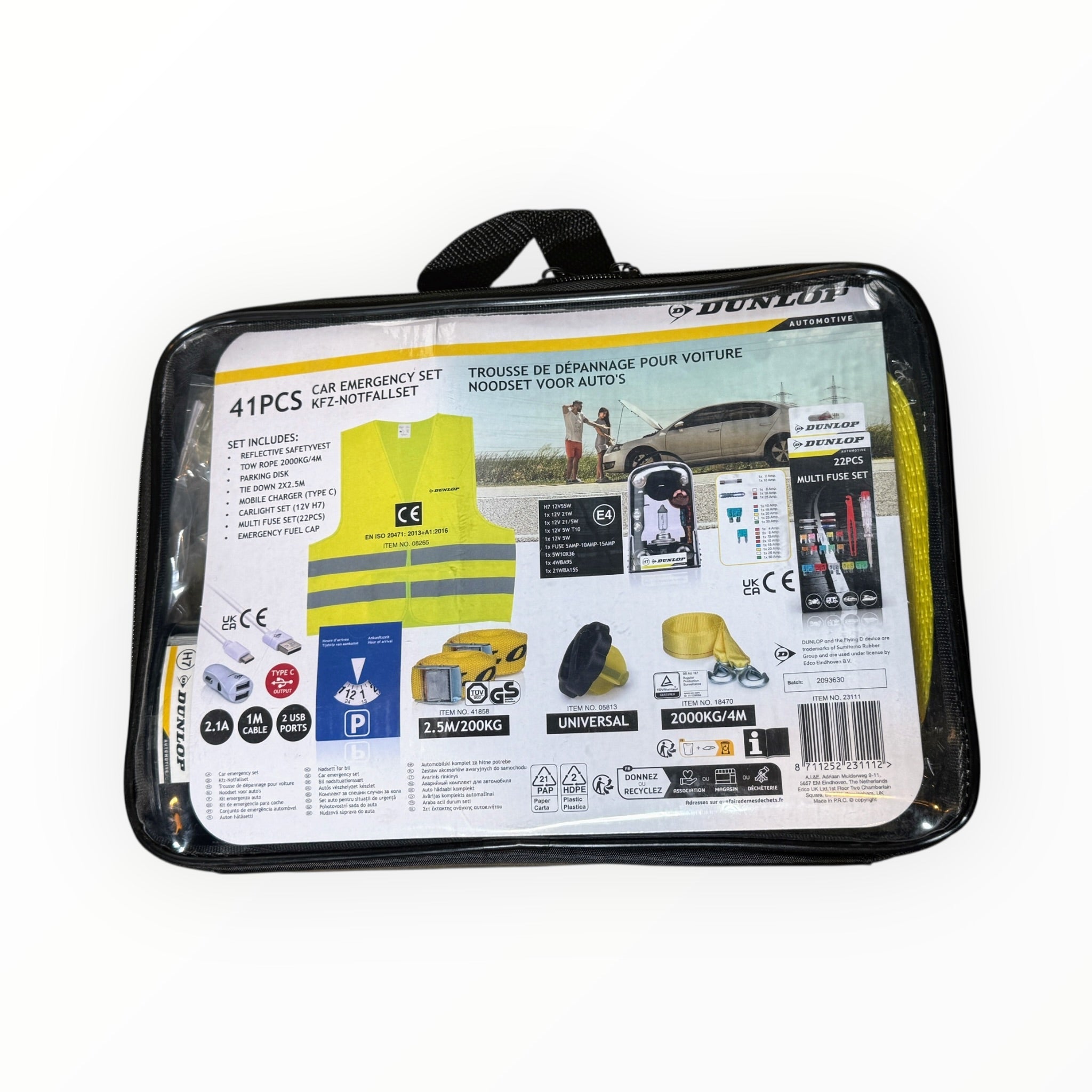 Dunlop 41pc Car Emergency Kit with Hi-Vis Vest & Tow Rope