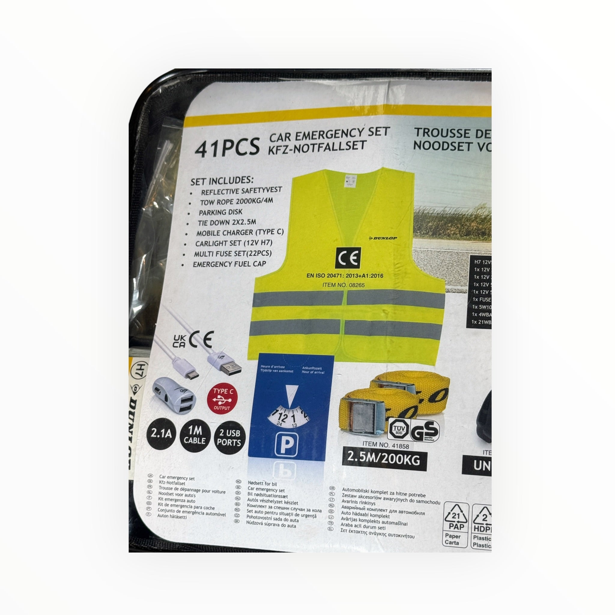 Dunlop 41pc Car Emergency Kit with Hi-Vis Vest & Tow Rope