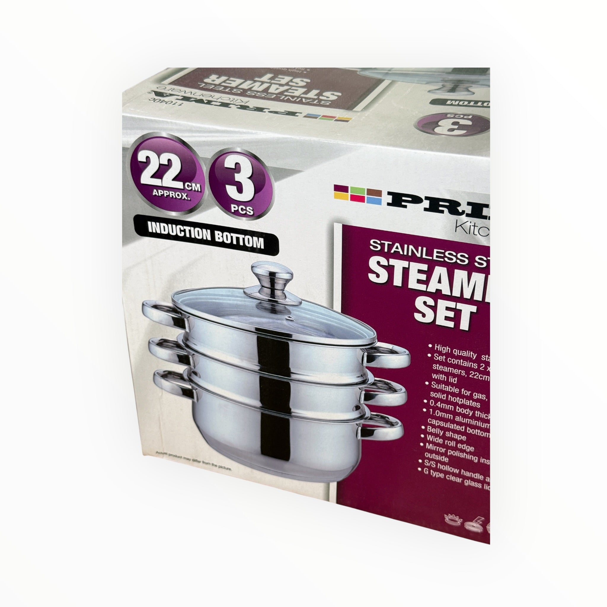Prima 3 Tier Stainless Steel Steamer Set 22cm Induction Compatible
