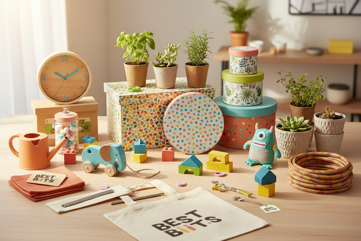 Create a colourful, warm and inviting hero image showing a mix of Best Biits products — storage boxes, toys, garden items, clocks and household essentials. Use bright, friendly colours and warm lighting. The scene should feel modern, joyful and eco-conscious, reflecting our mix of Grade B rescued items and unique low-cost new products